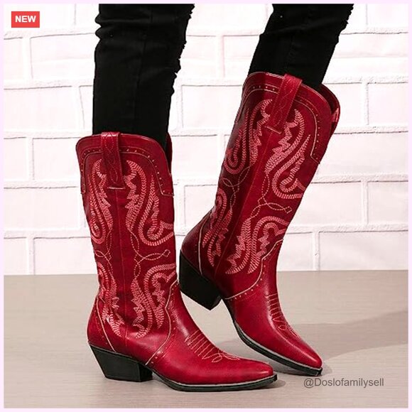 Women's Cowboy Boots Mid Calf Western Pointed Toe Chunky Heel US5-11 - Picture 5 of 7